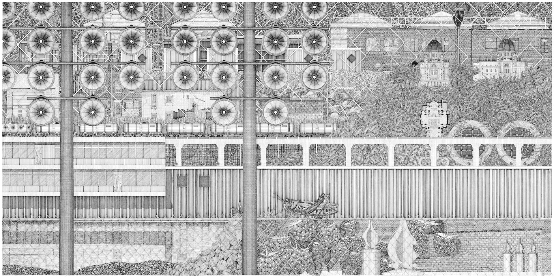 Carole Lévesque, Centre-Ouest, 2018. Encre sur papier, 76 × 152 cm